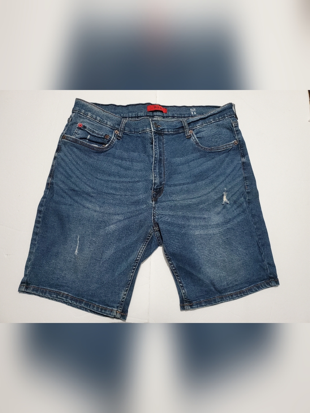 Men's Dark Blue Denim Shorts - Distressed Look Size 36 Slim